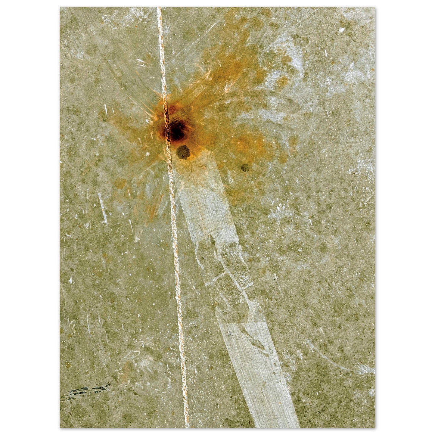 Photographic print featuring an abstract street pattern in moss green, gold, white brown and rust by Allison Cartwright, Found Art Studio