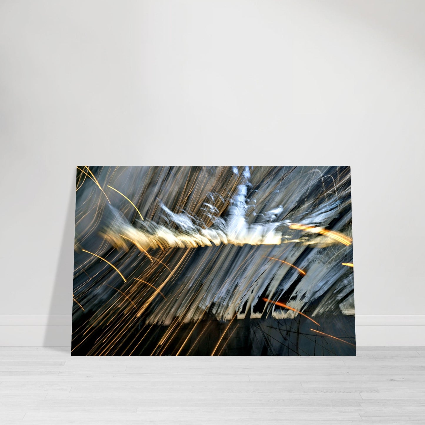 Abstract Photographic Print showcasing mesmerizing swirls of vibrant colors resembling a cosmic dance in colors of light blue, orange, yellow, orange, white, gray and black by Allison Cartwright of Found Art Studio