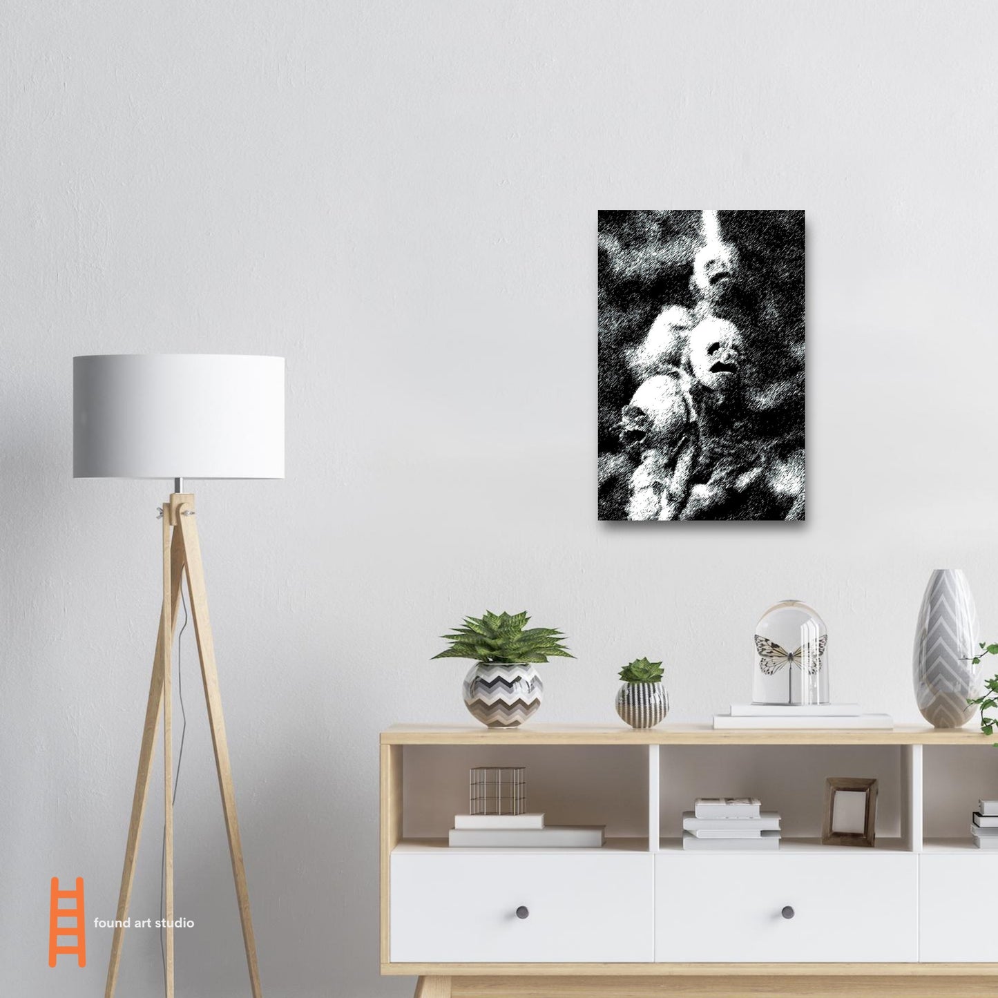 Black and White Photographic Print of Original Scratch Art. Strange Vine with Faces. by Allison Cartwright at Found Art Studio