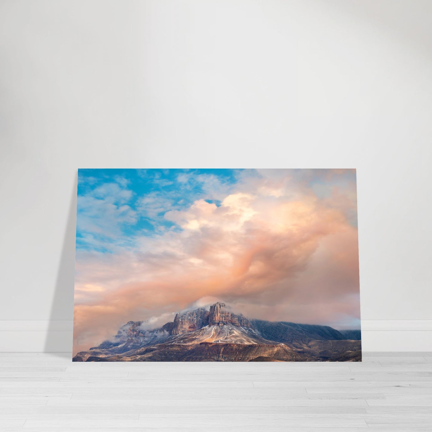 Photographic Print of Snowy Guadalupe Mountains in Guadalupe State Park Texas with Moody Cloudy Sky in Blue, Orange and Pink by Allison Cartwright Found Art Studio