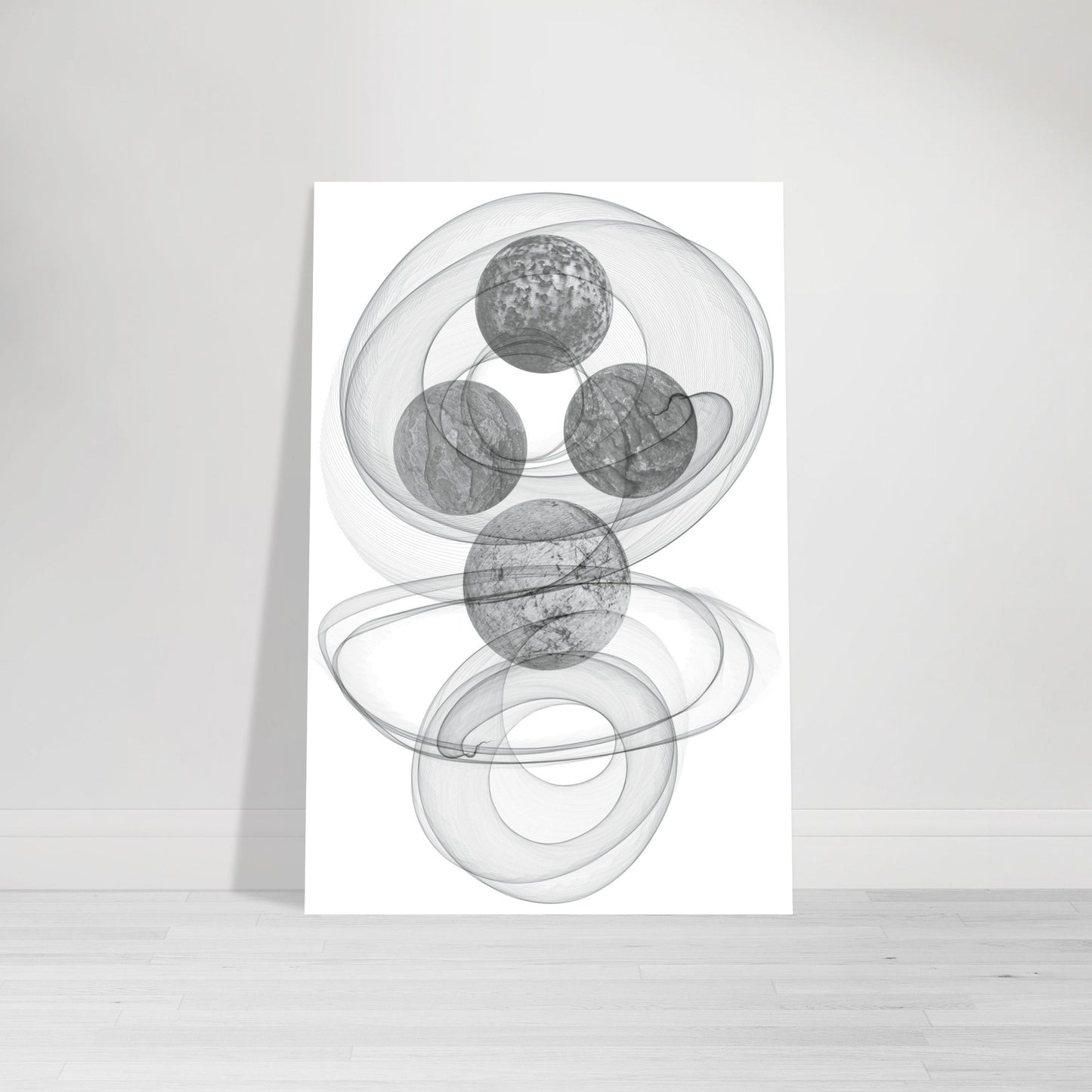 Digital Art Print that merges planets, smoke and shadows in blacks and grays on a white background by Allison Cartwright Found Art Studio.