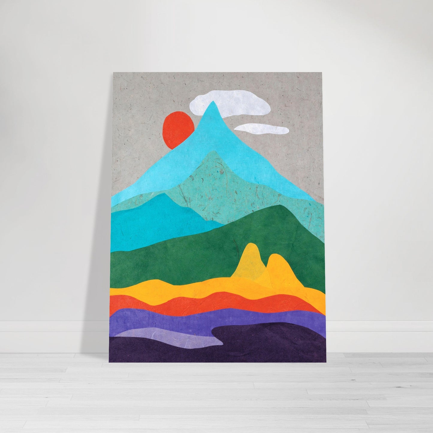 Photographic Print of a Tranquil Mountain Landscape Paper Collage in Blue, Green, Purple, Gray, White and Orange by Allison Cartwright at Found Art Studio