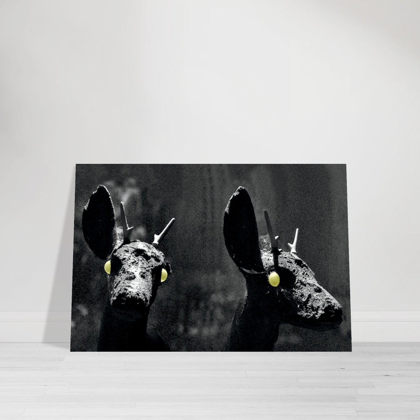 Photographic Print of two Strange Deer Heads with glowing Neon Eyes by Allison Cartwright Found Art Studio