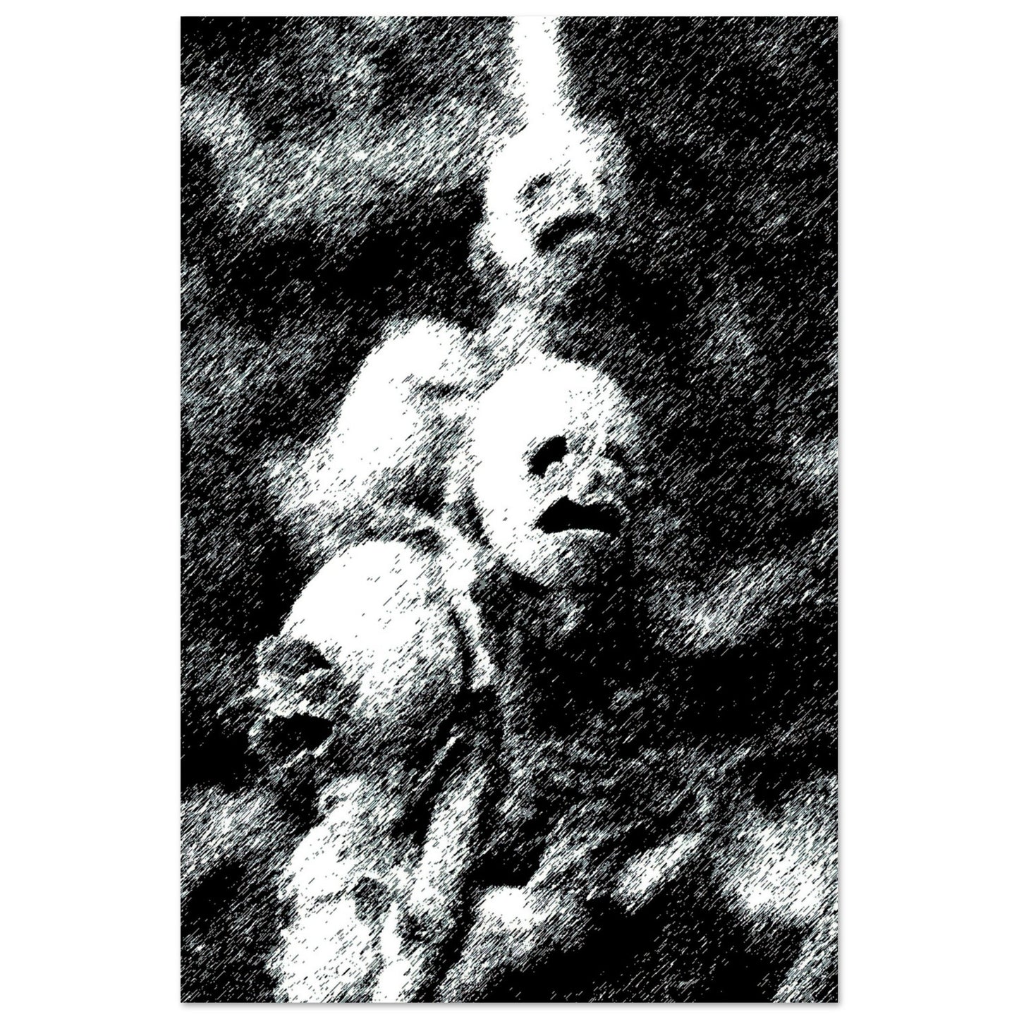 Black and White Photographic Print of Original Scratch Art. Strange Vine with Faces. by Allison Cartwright at Found Art Studio