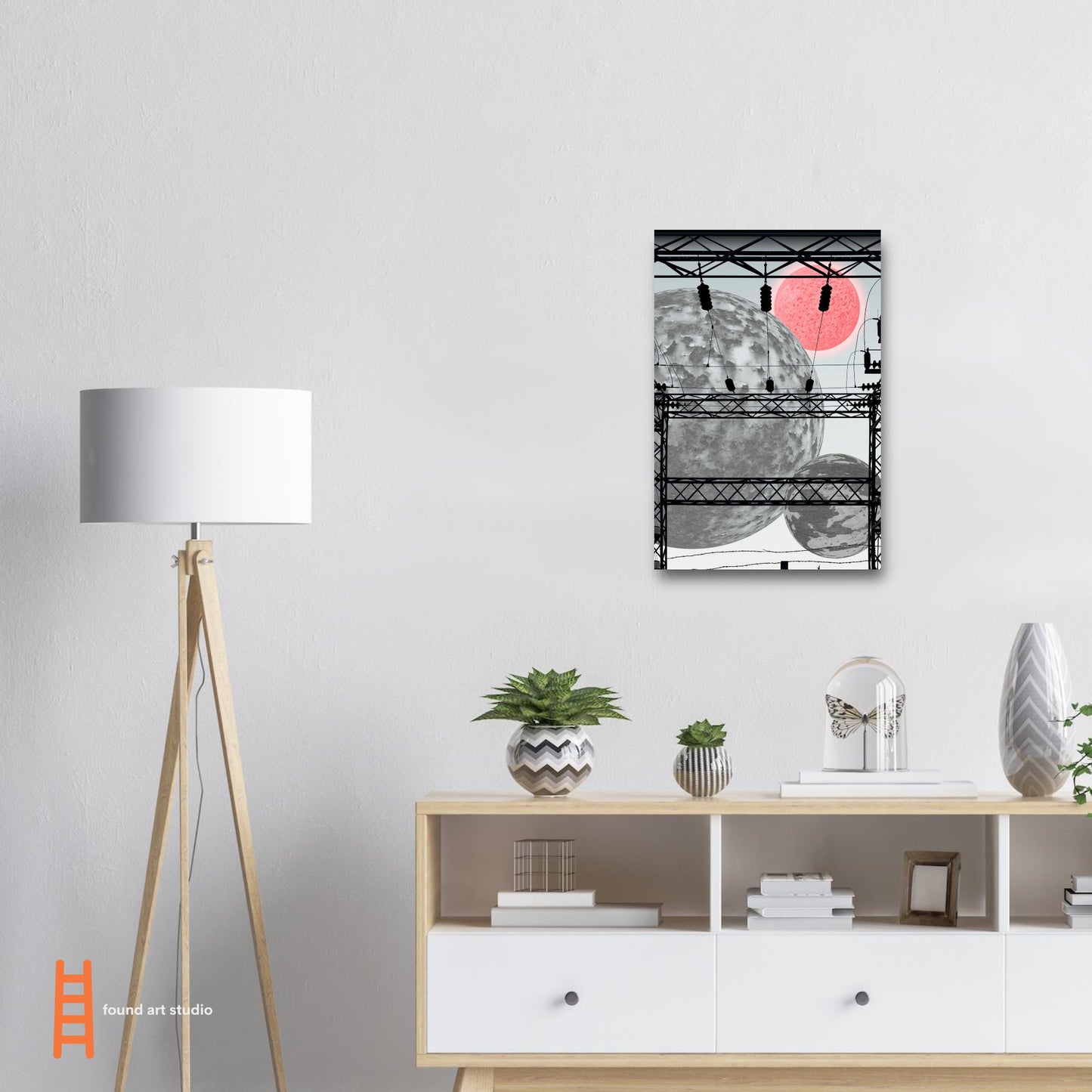 Digital Art Print that merges planets, and an Electrical Grid in blacks and grays with a pop of red on a white background by Allison Cartwright Found Art Studio.