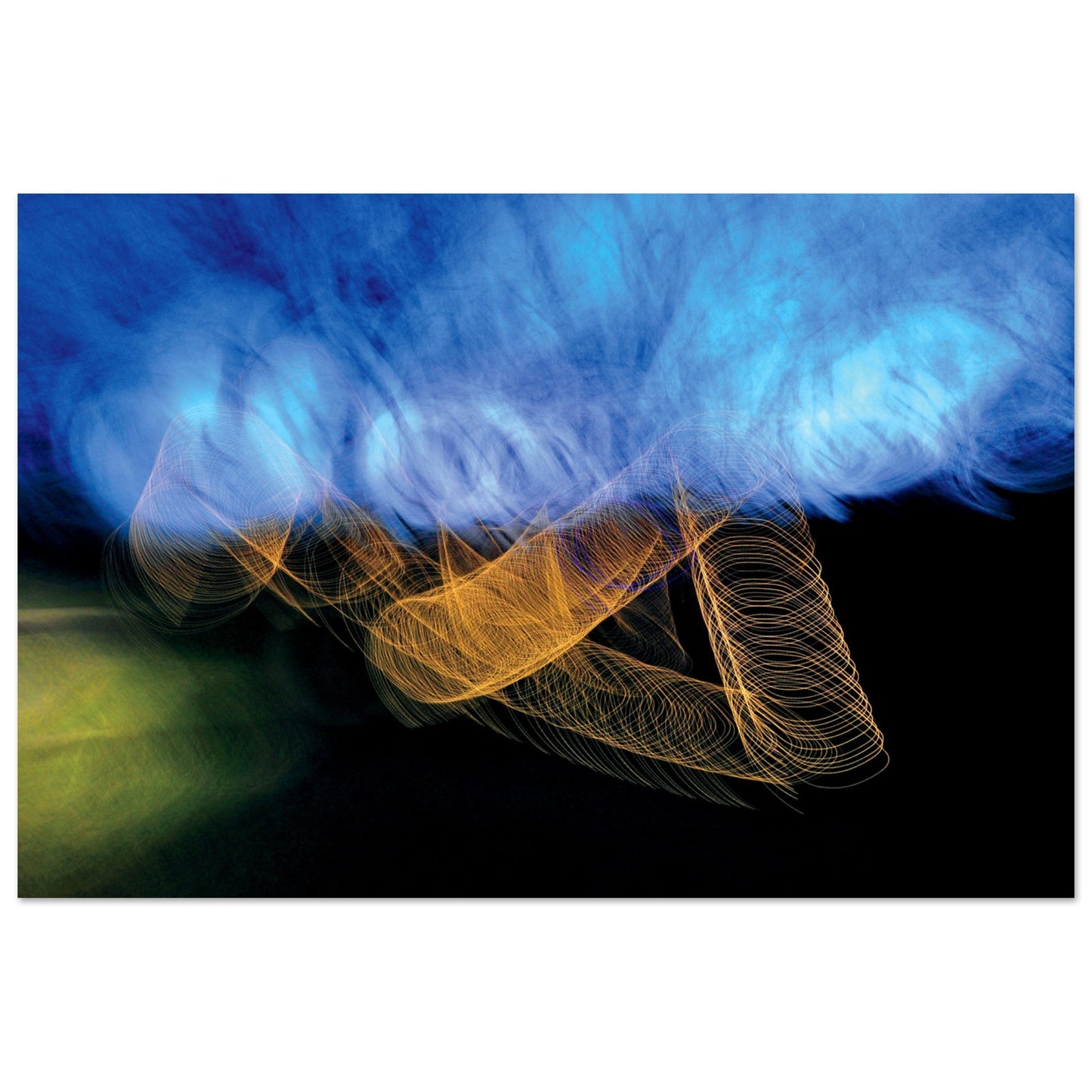 Abstract Photographic Print showcasing mesmerizing swirls of vibrant colors resembling a cosmic dance in colors of orange, black, and shades of blue by Allison Cartwright of Found Art Studio