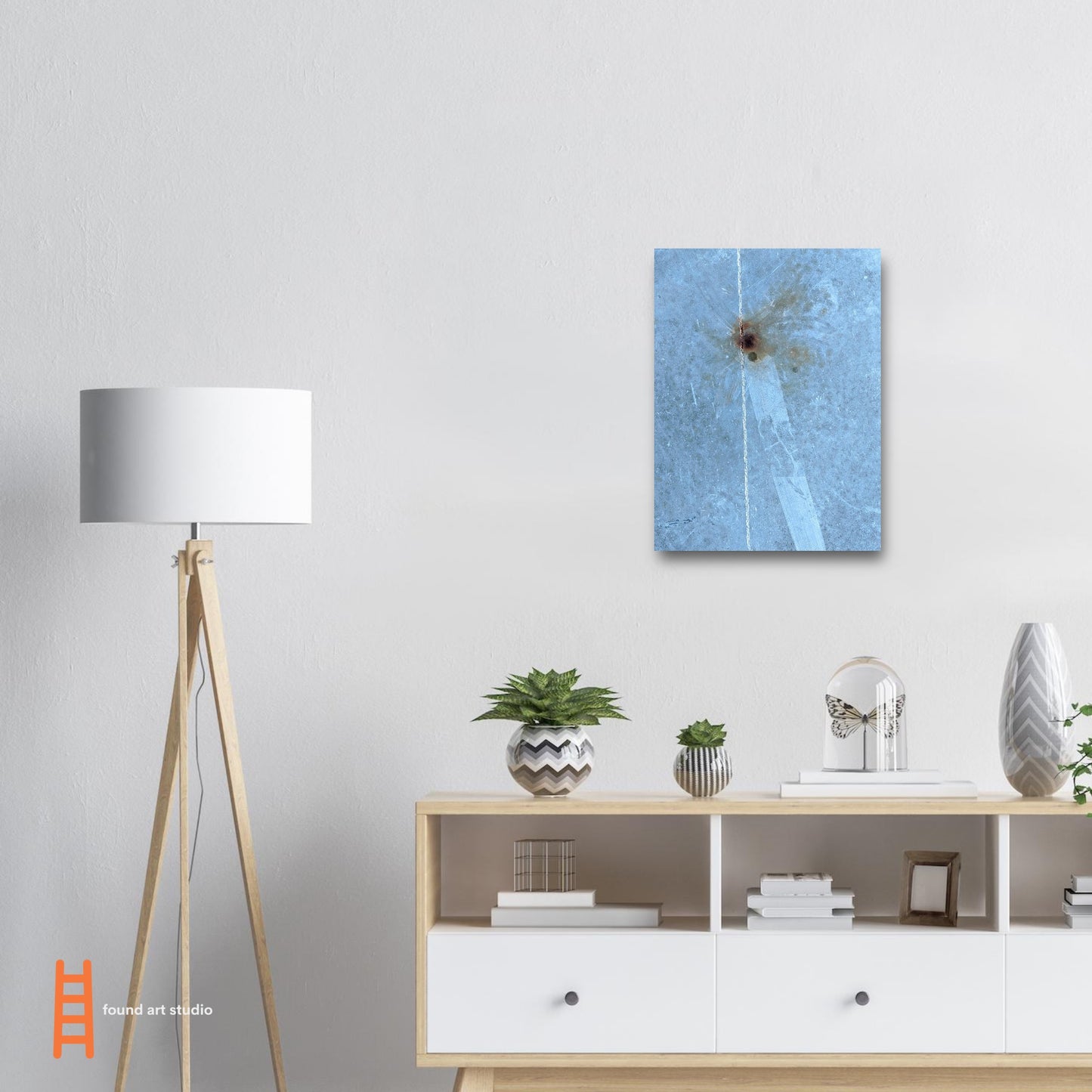 Photographic print featuring an abstract street pattern in medium blue, white brown and rust by Allison Cartwright, Found Art Studio