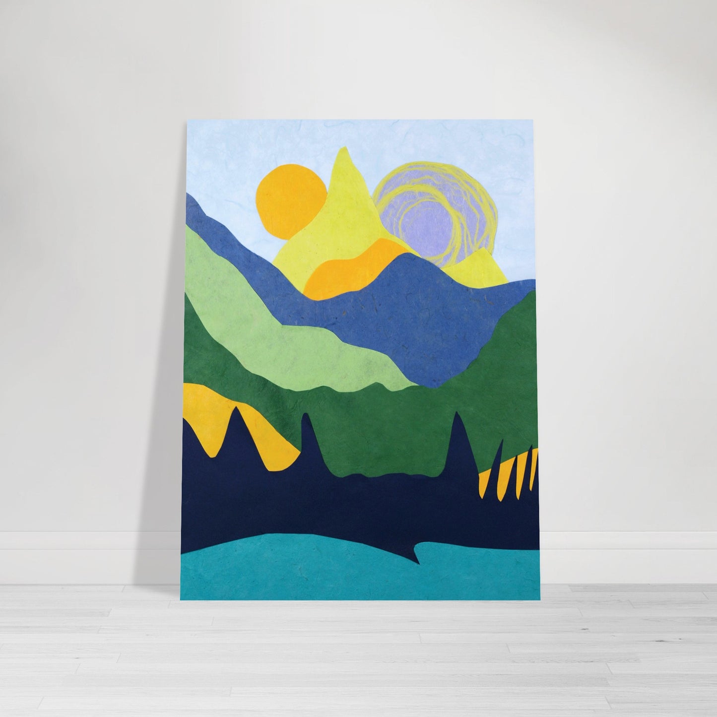 Photographic Print of a Tranquil Mountain Landscape Paper Collage in blues, yellows and greens by Allison Cartwright at Found Art Studio