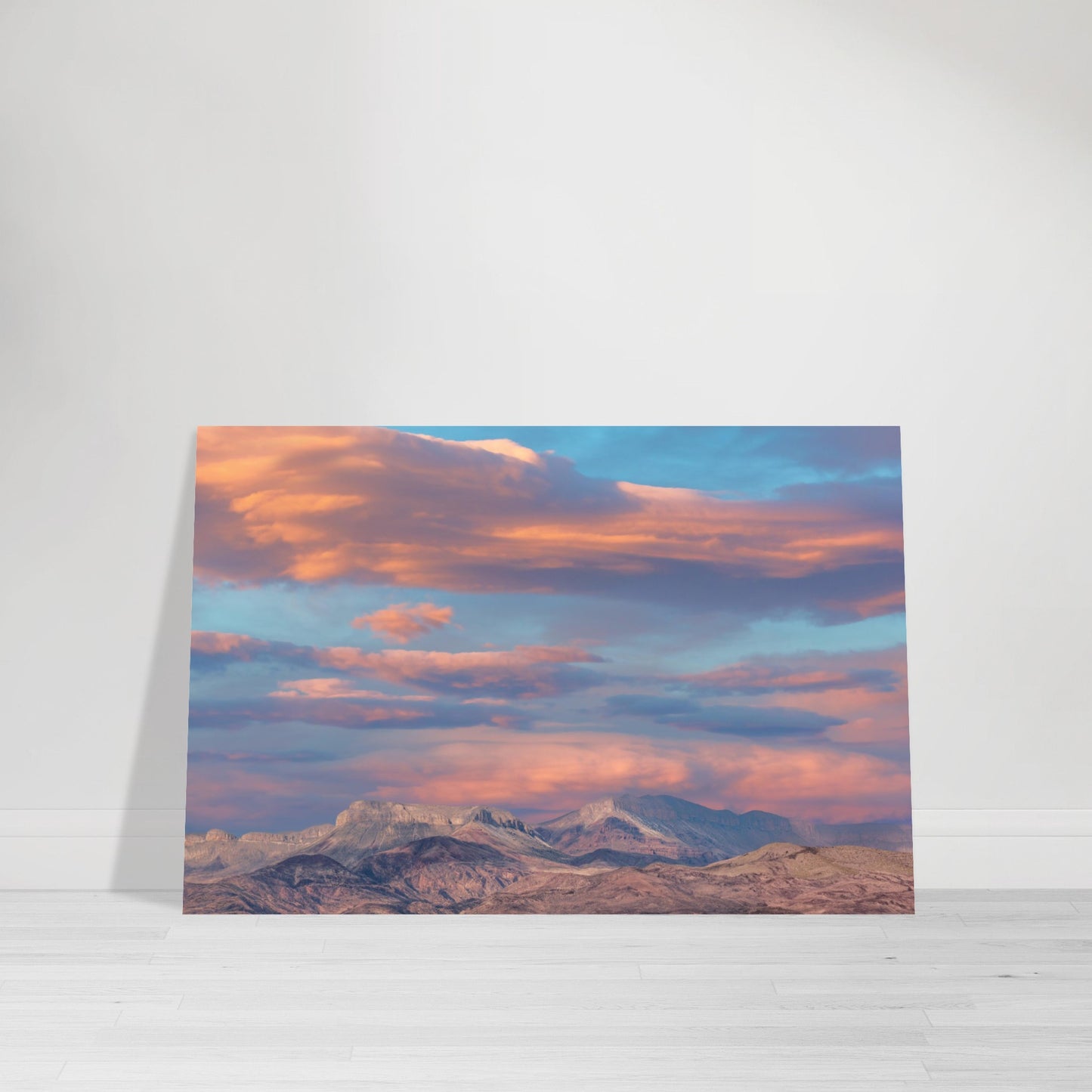 Photographic Print of Snowy Guadalupe Mountains in Guadalupe State Park Texas with Moody Cloudy Sky in Blue, Orange and Pink by Allison Cartwright Found Art Studio