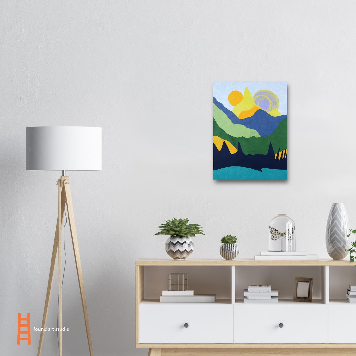 Photographic Print of a Tranquil Mountain Landscape Paper Collage in blues, yellows and greens by Allison Cartwright at Found Art Studio