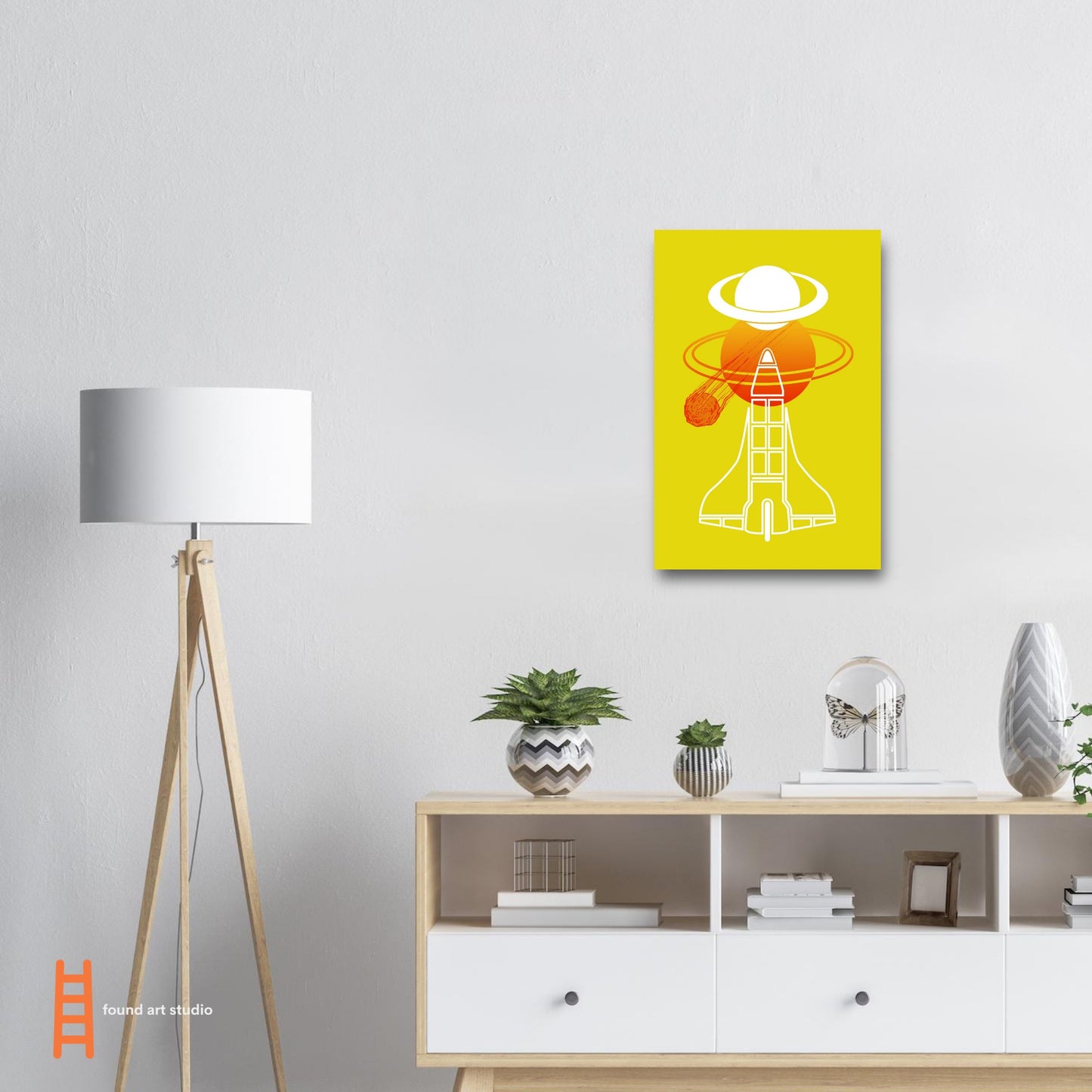 Digital Art Print that features 2 Planets with Rings in orange and white, a Meteor in orange gradient and a white outline of a Space Shuttle on a yellow background by Allison Cartwright Found Art Studio.