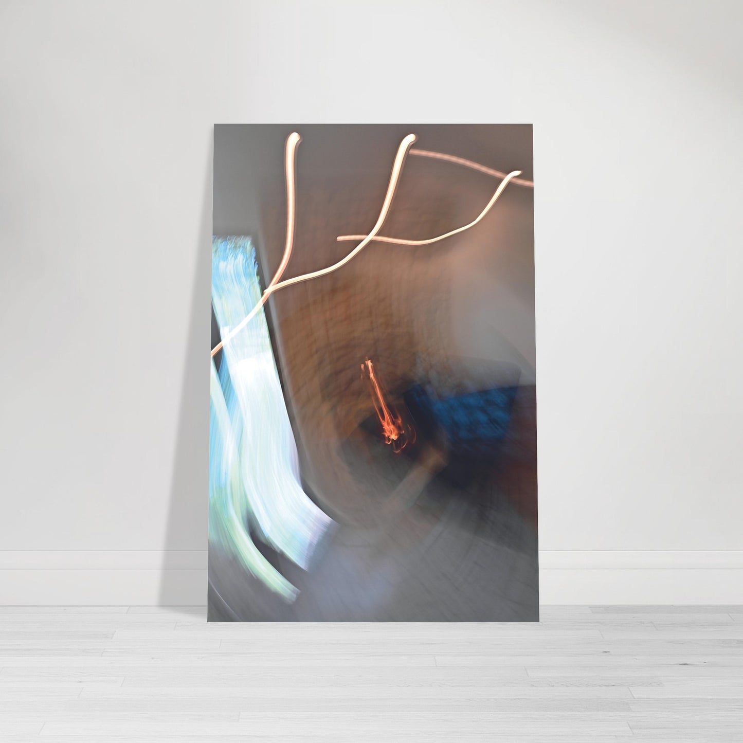 Abstract Photographic Print showcasing mesmerizing swirls of vibrant colors resembling a cosmic dance in colors of ice blue, blue, orange, gray and black by Allison Cartwright of Found Art Studio