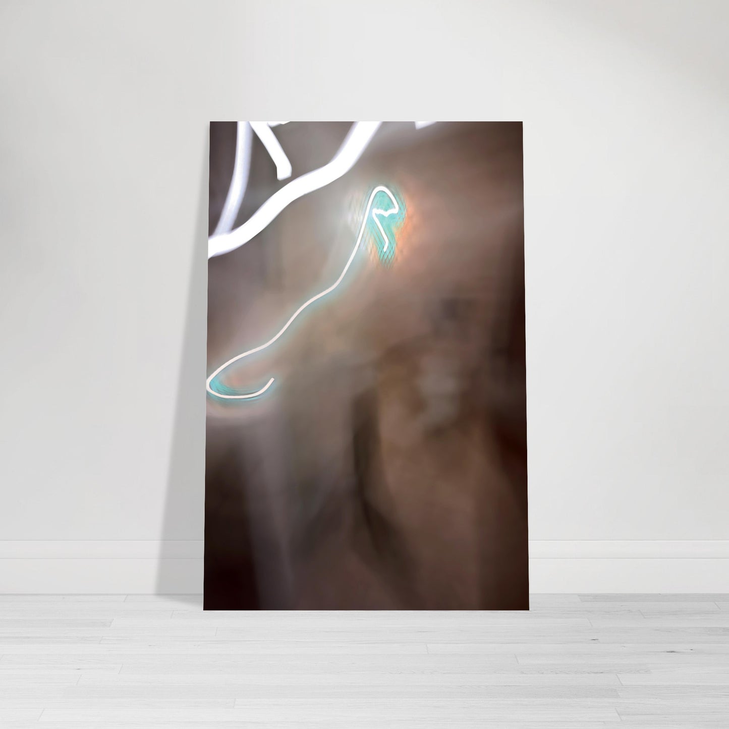 Abstract Photographic Print showcasing mesmerizing swirls of vibrant colors resembling a cosmic dance in colors of white, mint green, peach and shades of brown by Allison Cartwright of Found Art Studio