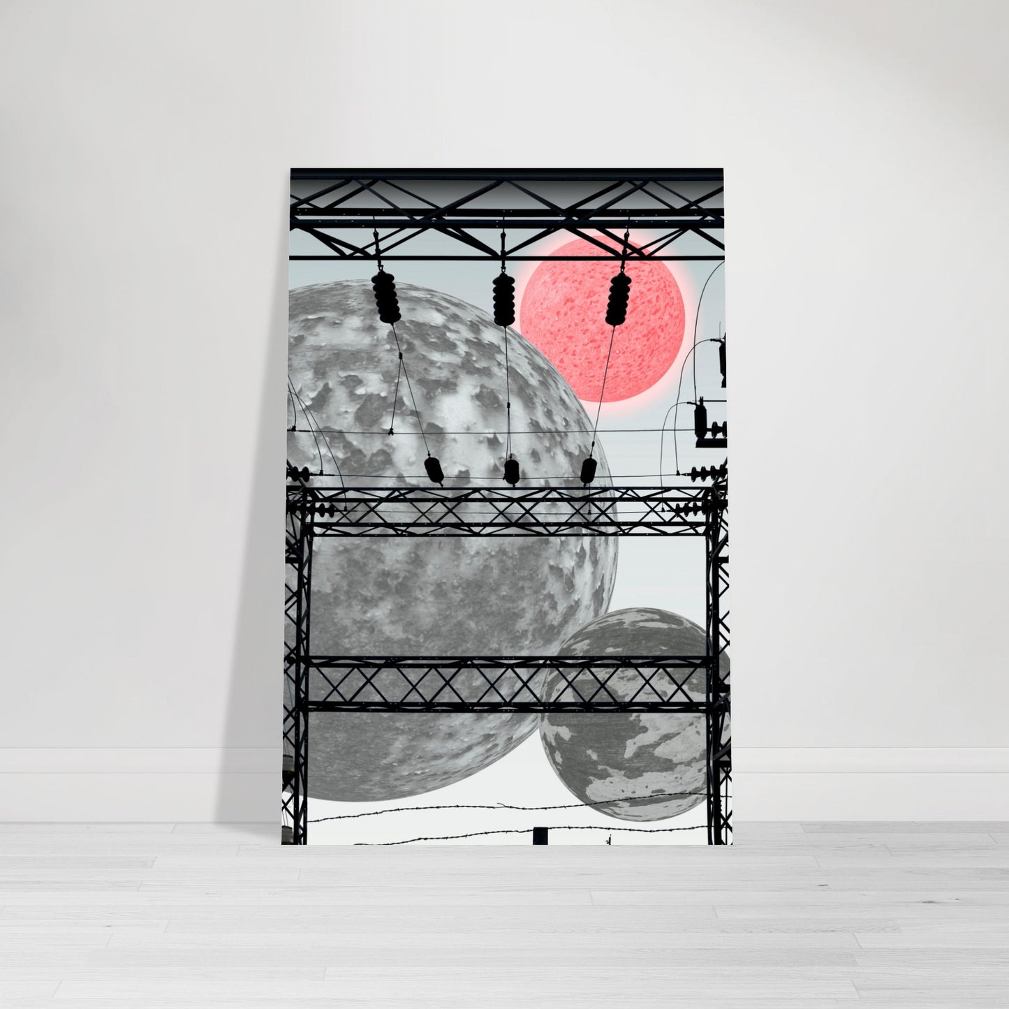 Digital Art Print that merges planets, and an Electrical Grid in blacks and grays with a pop of red on a white background by Allison Cartwright Found Art Studio.