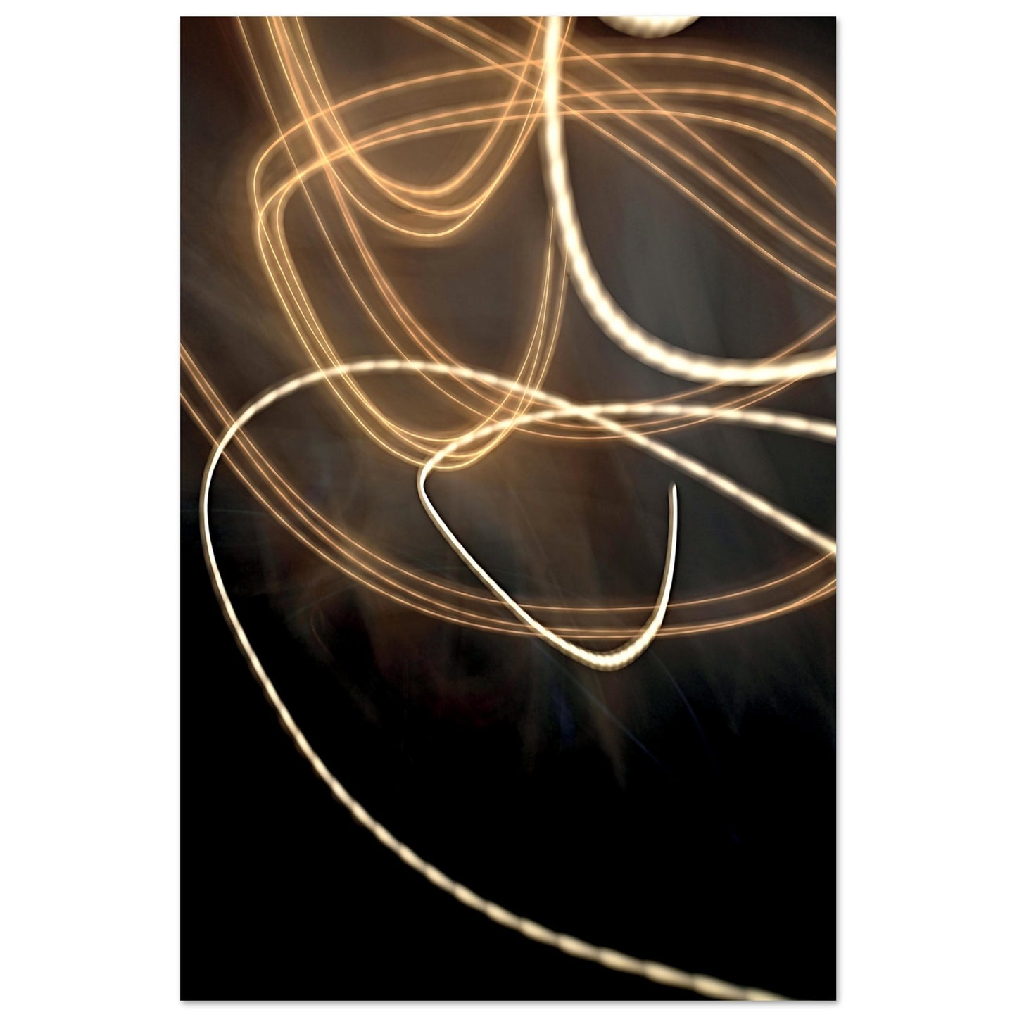Abstract Photographic Print showcasing mesmerizing swirls of vibrant colors resembling a cosmic dance in colors of black, white, gold, and light orange by Allison Cartwright of Found Art Studio