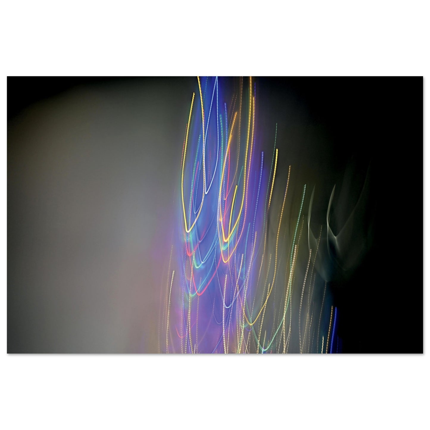 Abstract Photographic Print showcasing mesmerizing swirls of vibrant colors resembling a cosmic dance in colors of black, gray, purple, pink, blue, yellow and mint green by Allison Cartwright of Found Art Studio