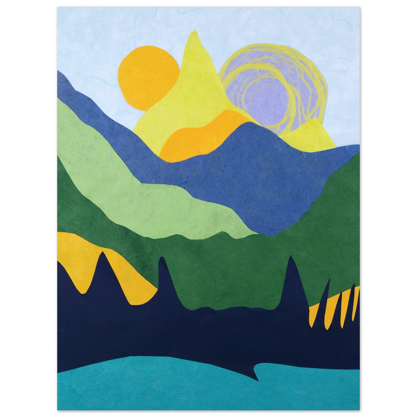 Photographic Print of a Tranquil Mountain Landscape Paper Collage in blues, yellows and greens by Allison Cartwright at Found Art Studio