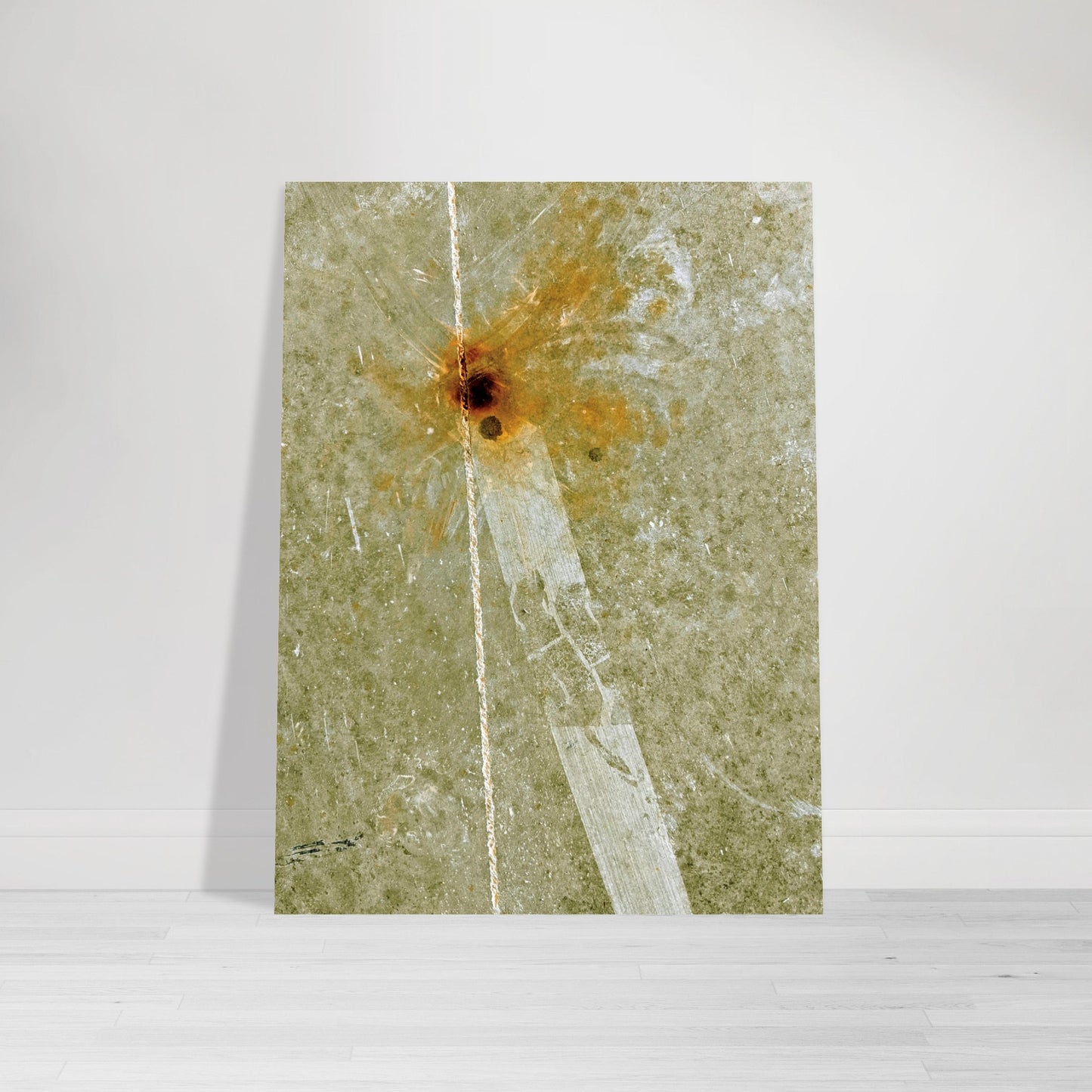 Photographic print featuring an abstract street pattern in moss green, gold, white brown and rust by Allison Cartwright, Found Art Studio