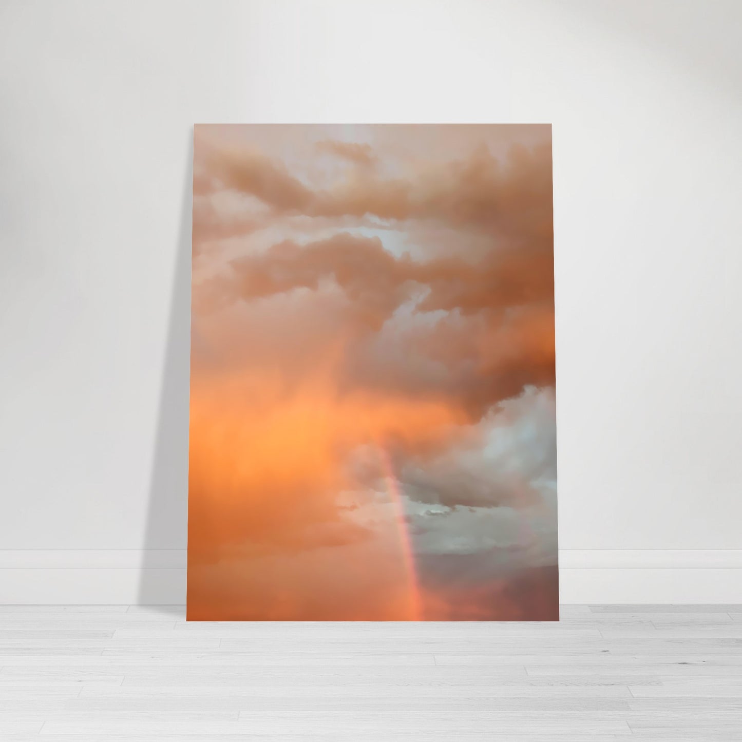 Photographic print capturing a breathtaking, colorful stormy sky adorned with hues of red, orange, pink, and golden clouds, taken in Marfa Texas by Allison Cartwright , Found Art Studio.