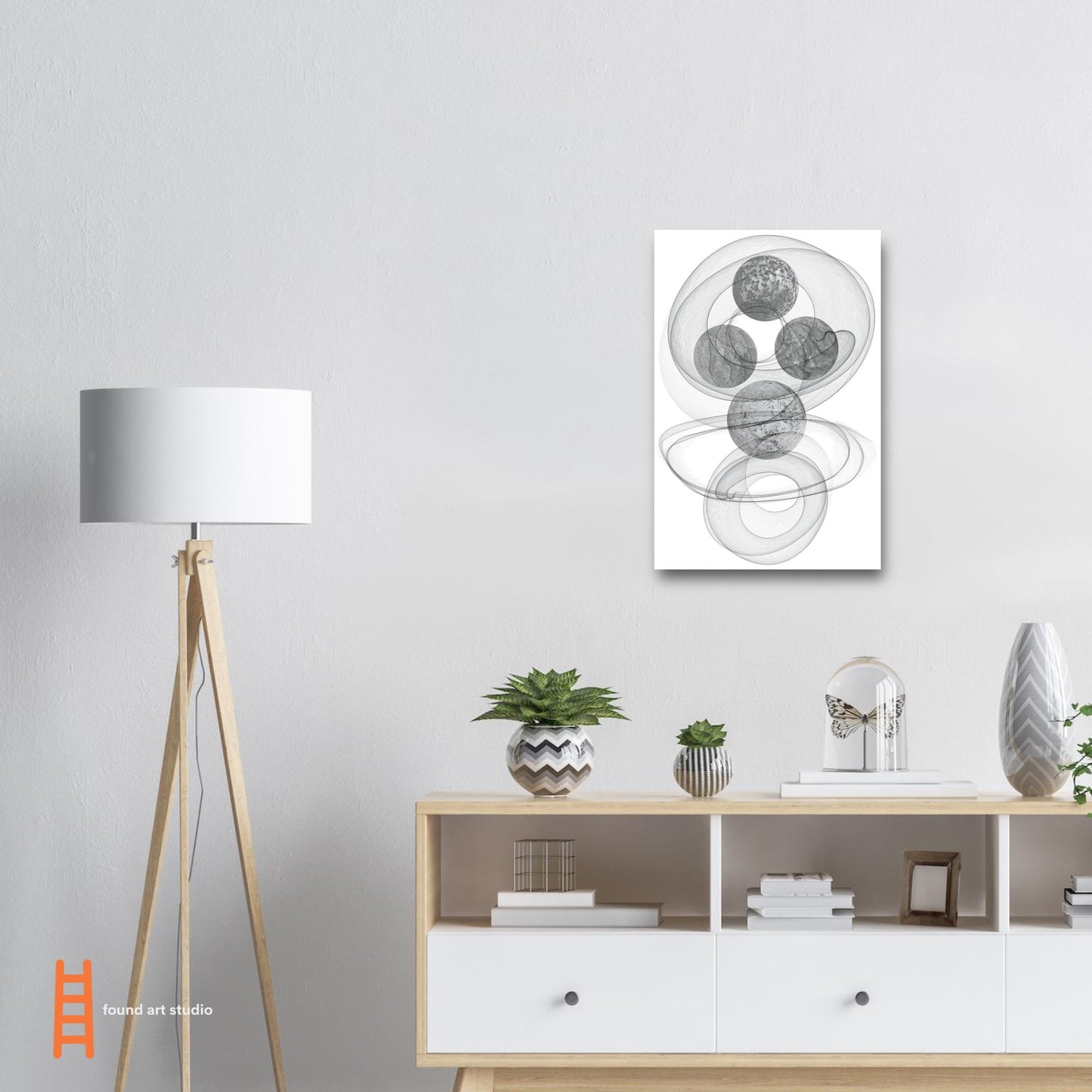Digital Art Print that merges planets, smoke and shadows in blacks and grays on a white background by Allison Cartwright Found Art Studio.