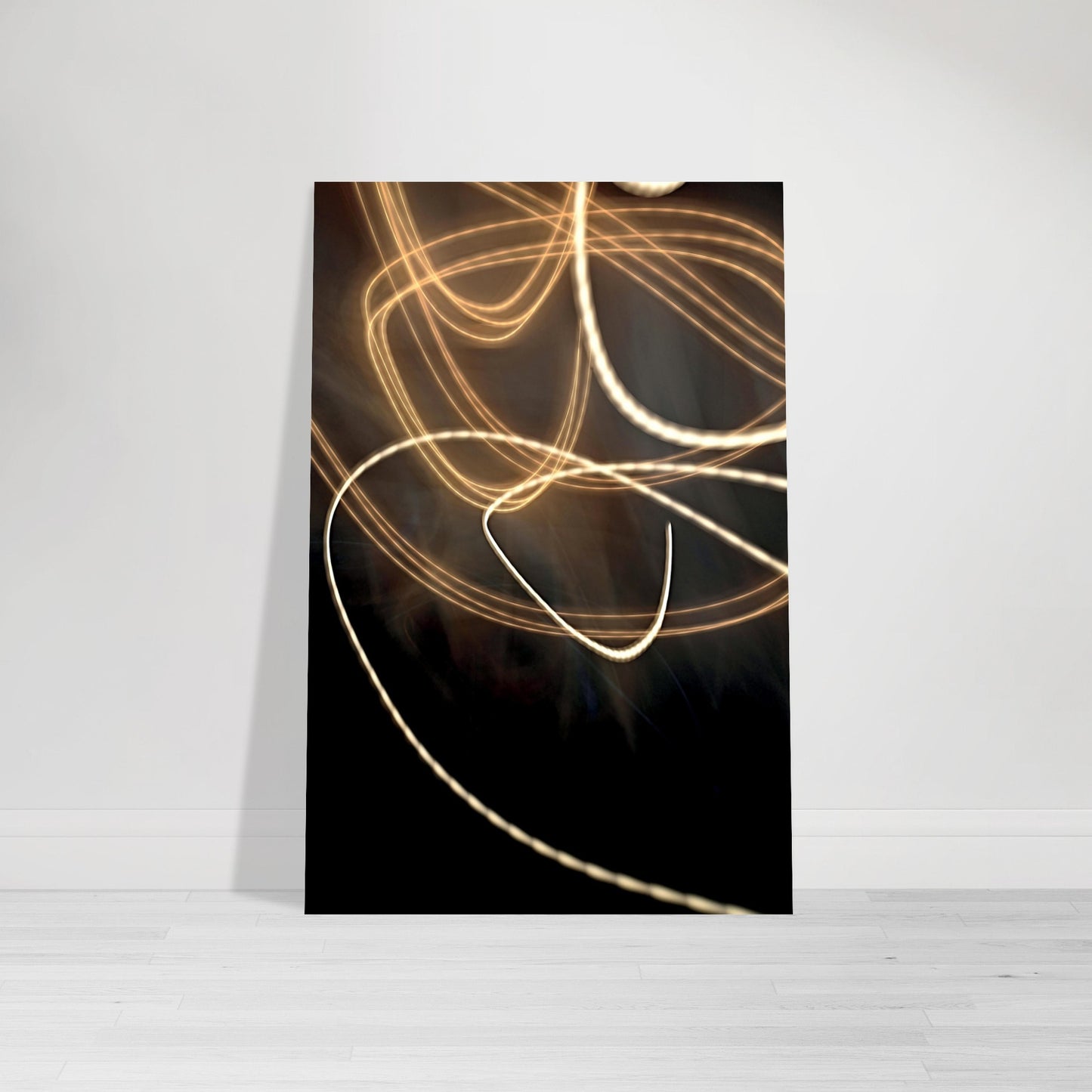 Abstract Photographic Print showcasing mesmerizing swirls of vibrant colors resembling a cosmic dance in colors of black, white, gold, and light orange by Allison Cartwright of Found Art Studio