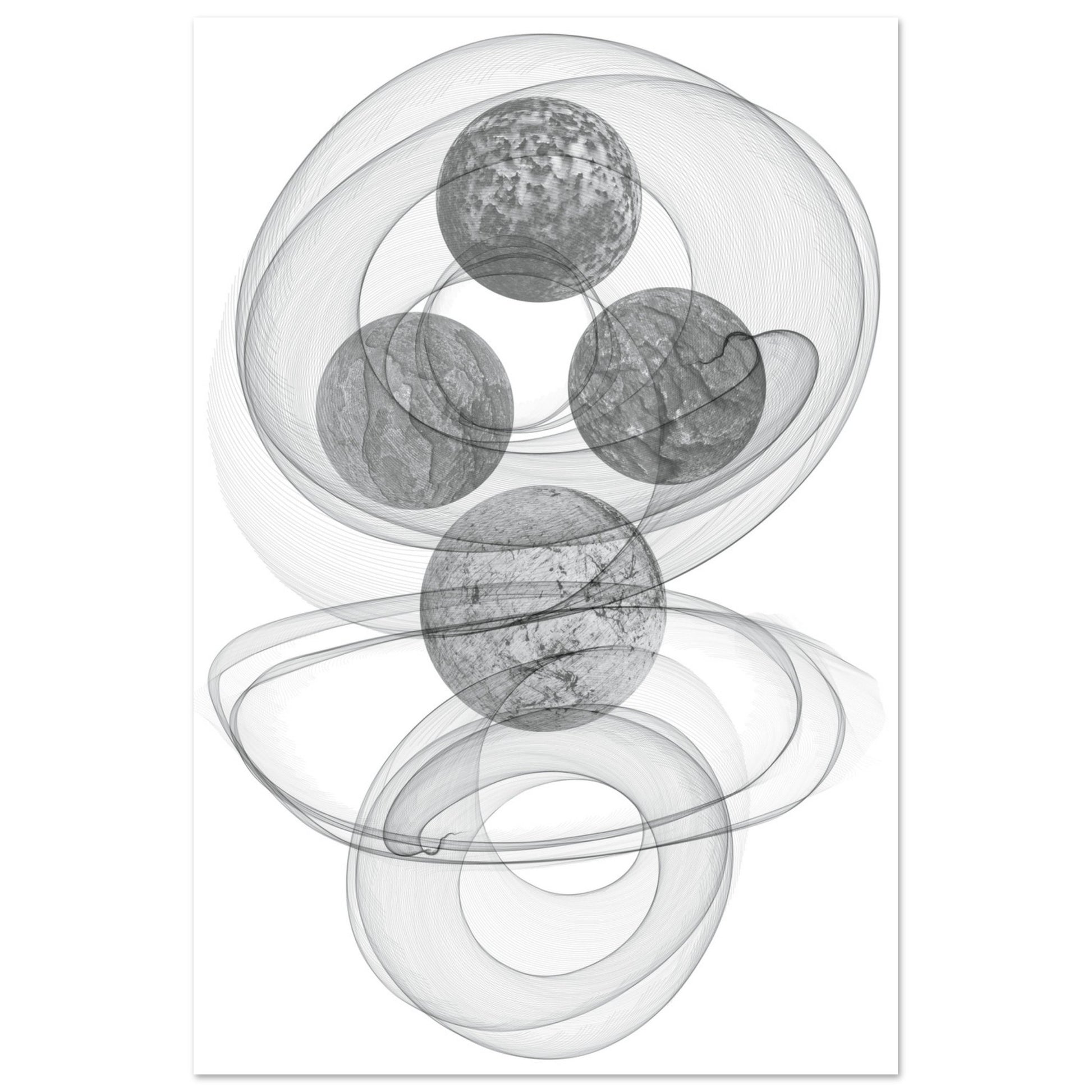 Digital Art Print that merges planets, smoke and shadows in blacks and grays on a white background by Allison Cartwright Found Art Studio.