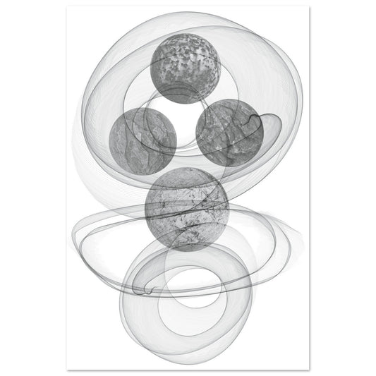 Digital Art Print that merges planets, smoke and shadows in blacks and grays on a white background by Allison Cartwright Found Art Studio.