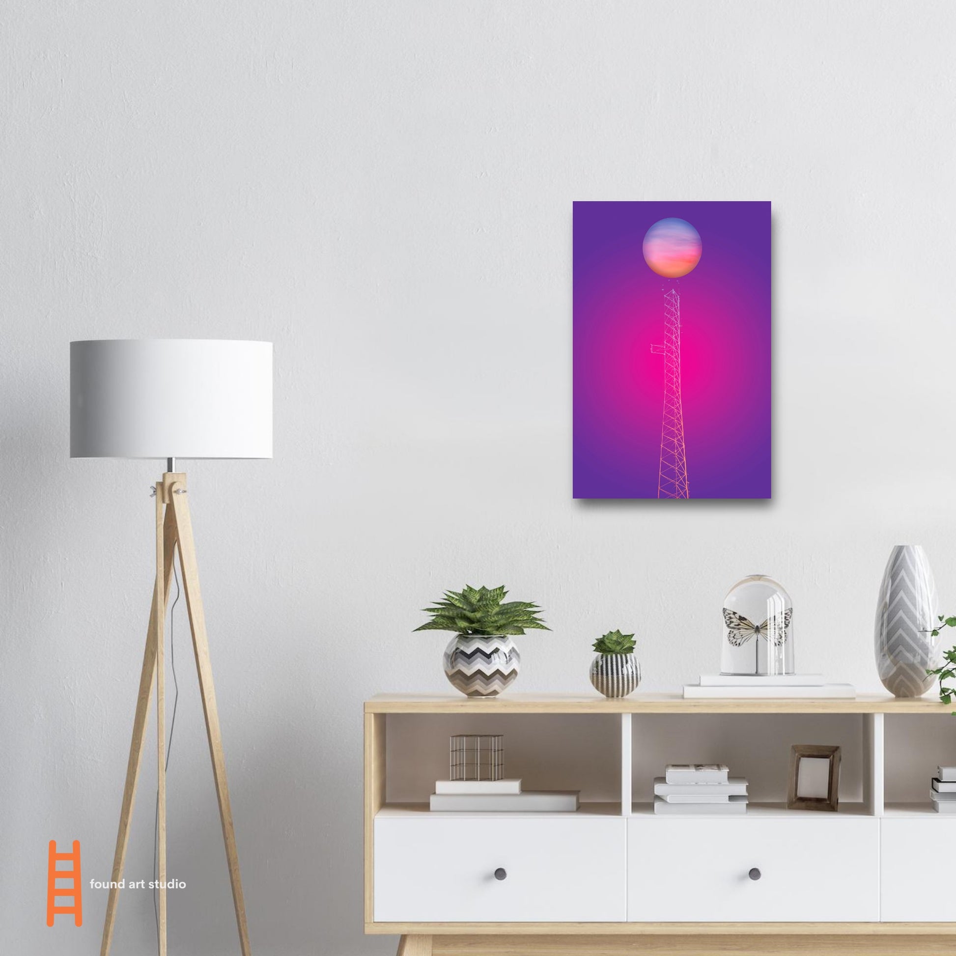 Digital Art Print that merges a multi-colored planet rising atop an electrical tower on a gradient purple and pink black background by Allison Cartwright Found Art Studio.