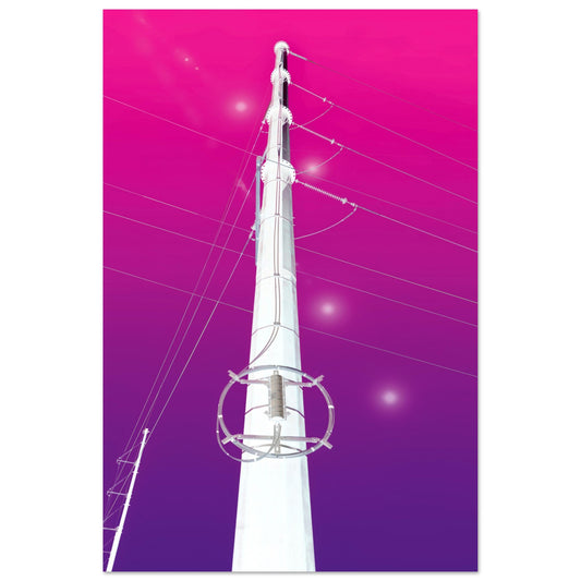 Digital Art Print that merges a white electrical tower with planet shaped lens flares on a gradient purple and pink black background by Allison Cartwright Found Art Studio.
