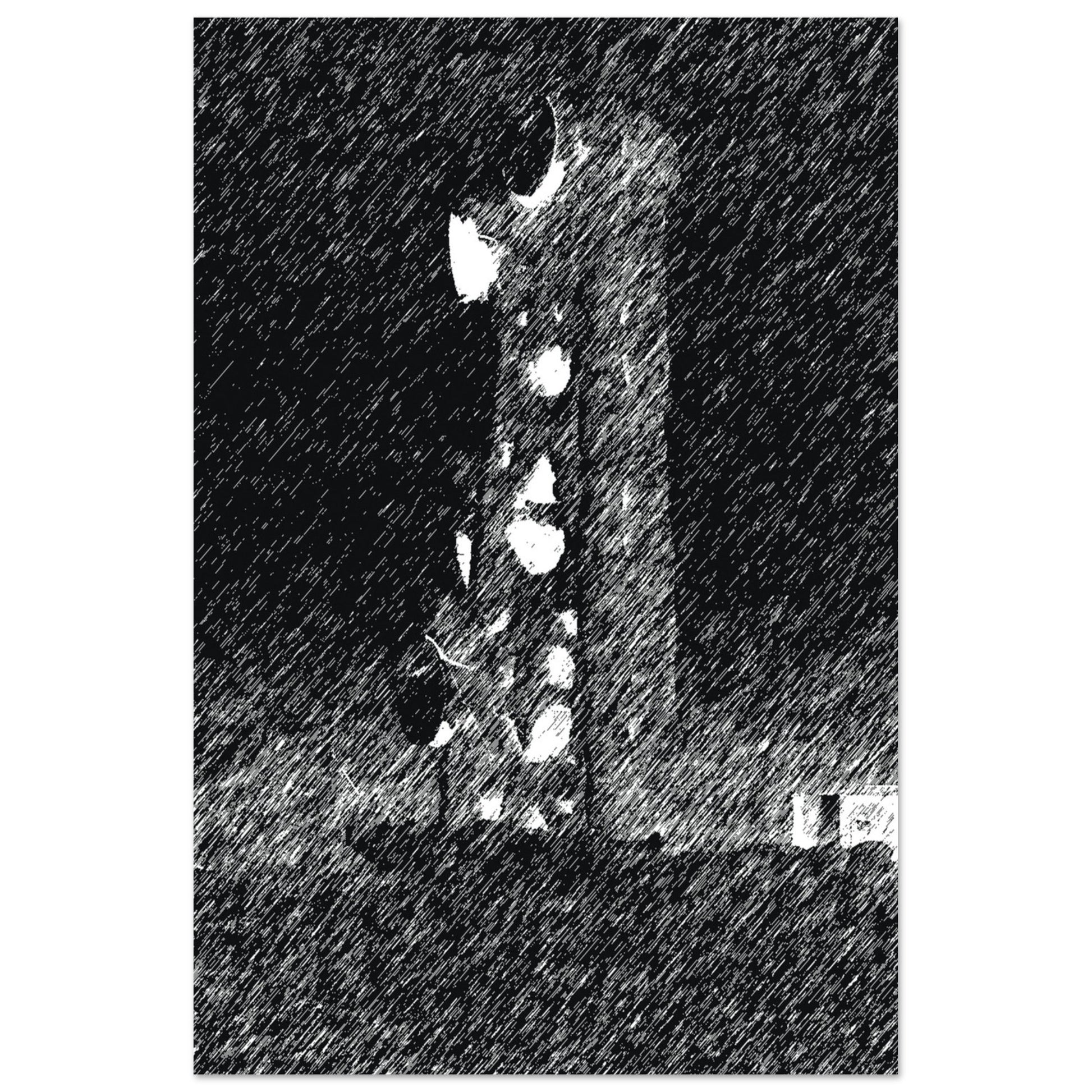 Black and White Photographic Print of Original Scratch Art. Strange Electrical Tower. by Allison Cartwright at Found Art Studio