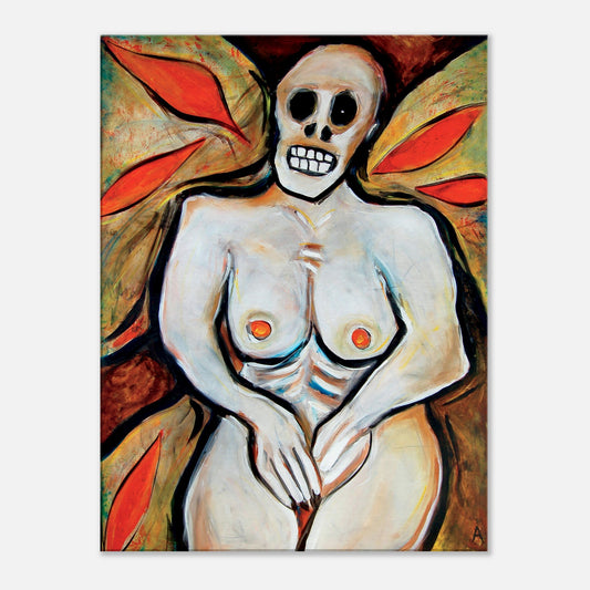 Photographic Print on canvas of an original Painting of an unclothed woman with a skull head  in Bright Colors. by Allison Cartwright at Found Art Studio.