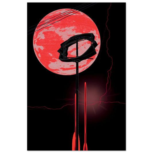 Digital Art Print that merges a planet and a broken Dairy Queen™ sign with lightening and lens flare in black and neon red on a black background in an ode to the high winds in Marfa Texas by Allison Cartwright Found Art Studio.