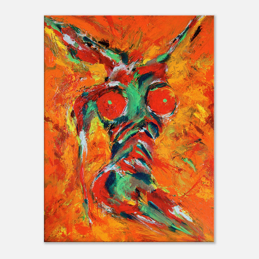 Photographic Print on canvas of an original Painting of an unclothed woman with a skull head in bright colors. by Allison Cartwright at Found Art Studio.