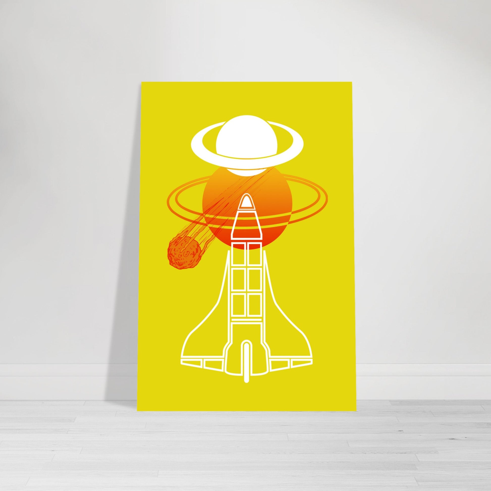  Digital Art Print that features 2 Planets with Rings in orange and white, a Meteor in orange gradient and a white outline of a Space Shuttle on a yellow background by Allison Cartwright Found Art Studio.