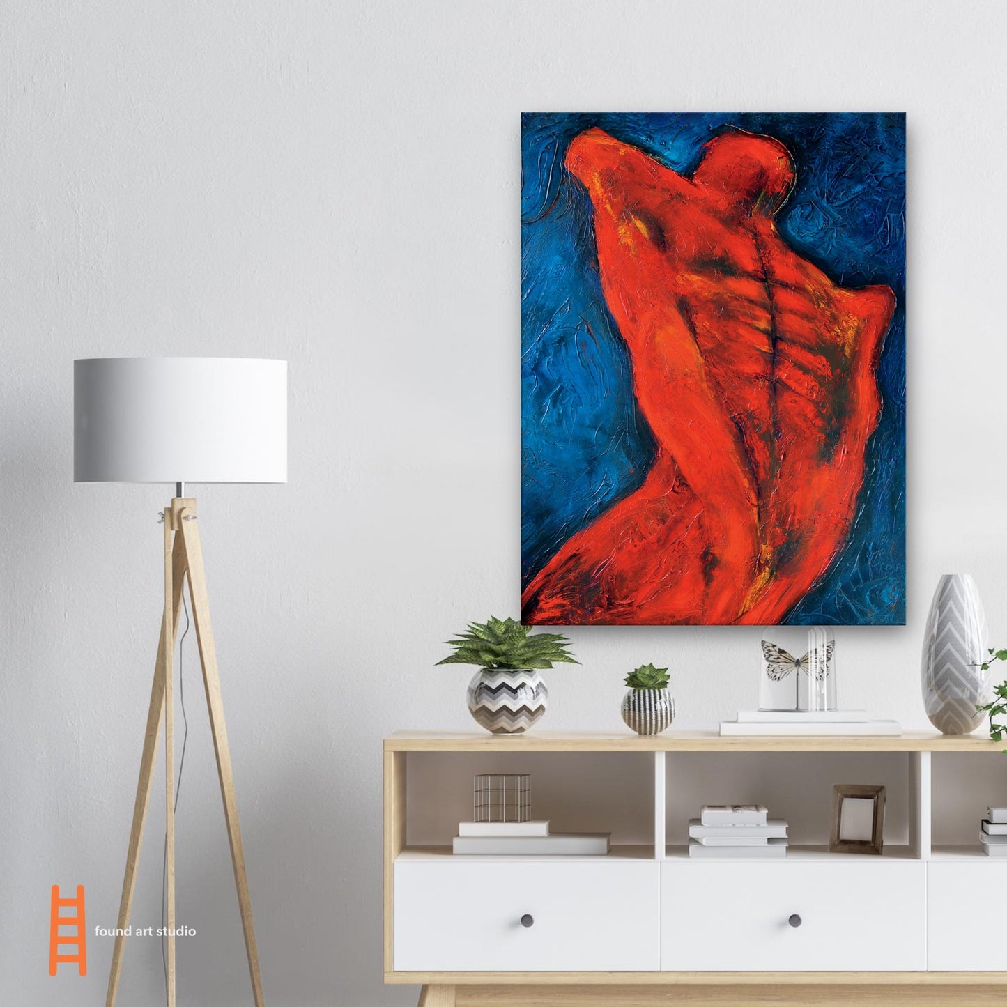 Photographic Print on canvas of an original Painting of the back of a man in blue, red, orange and black by Allison Cartwright at Found Art Studio.
