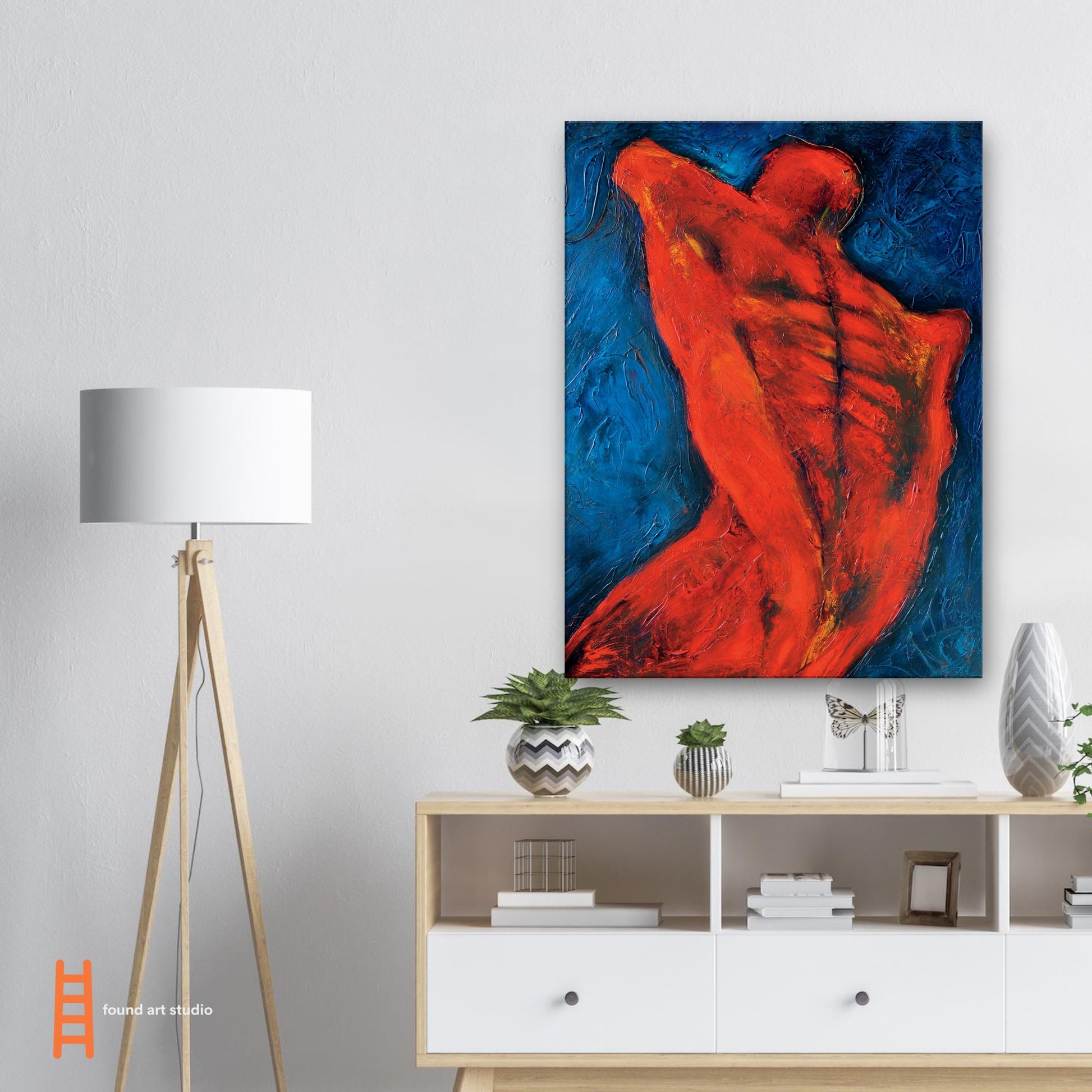 Photographic Print on canvas of an original Painting of the back of a man in blue, red, orange and black by Allison Cartwright at Found Art Studio.