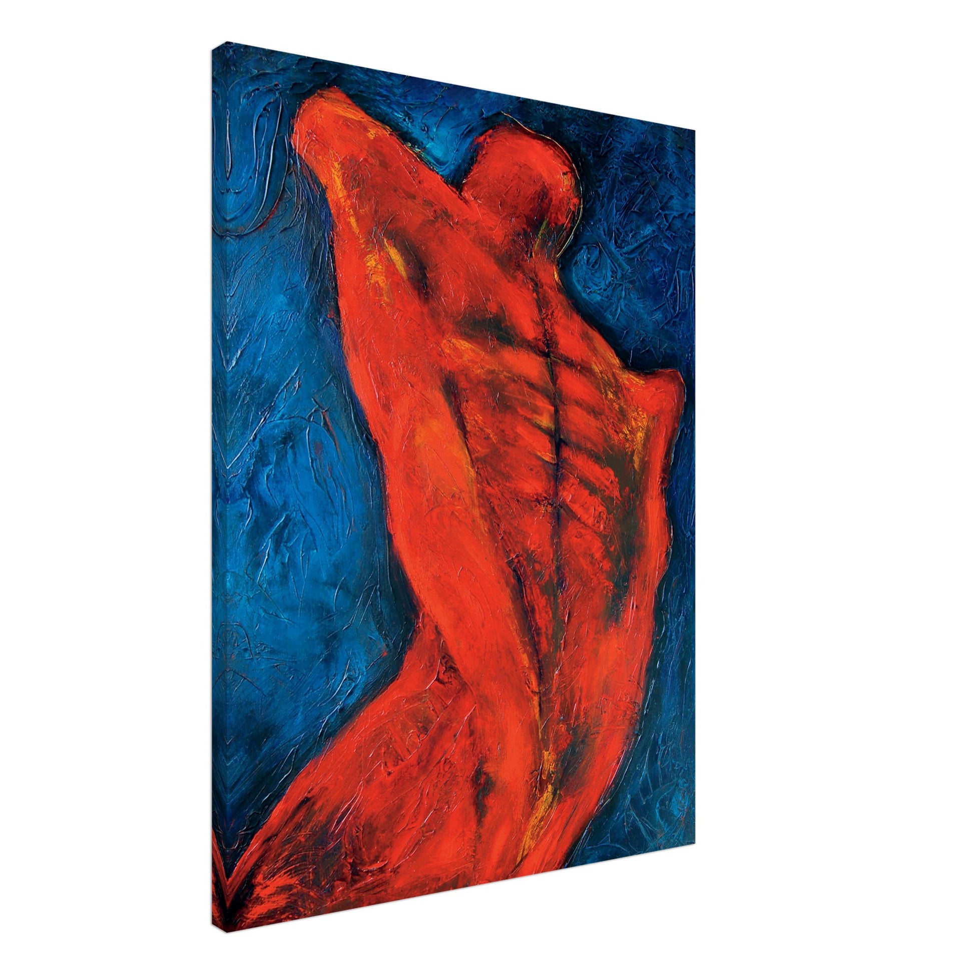 Photographic Print on canvas of an original Painting of the back of a man in blue, red, orange and black by Allison Cartwright at Found Art Studio.