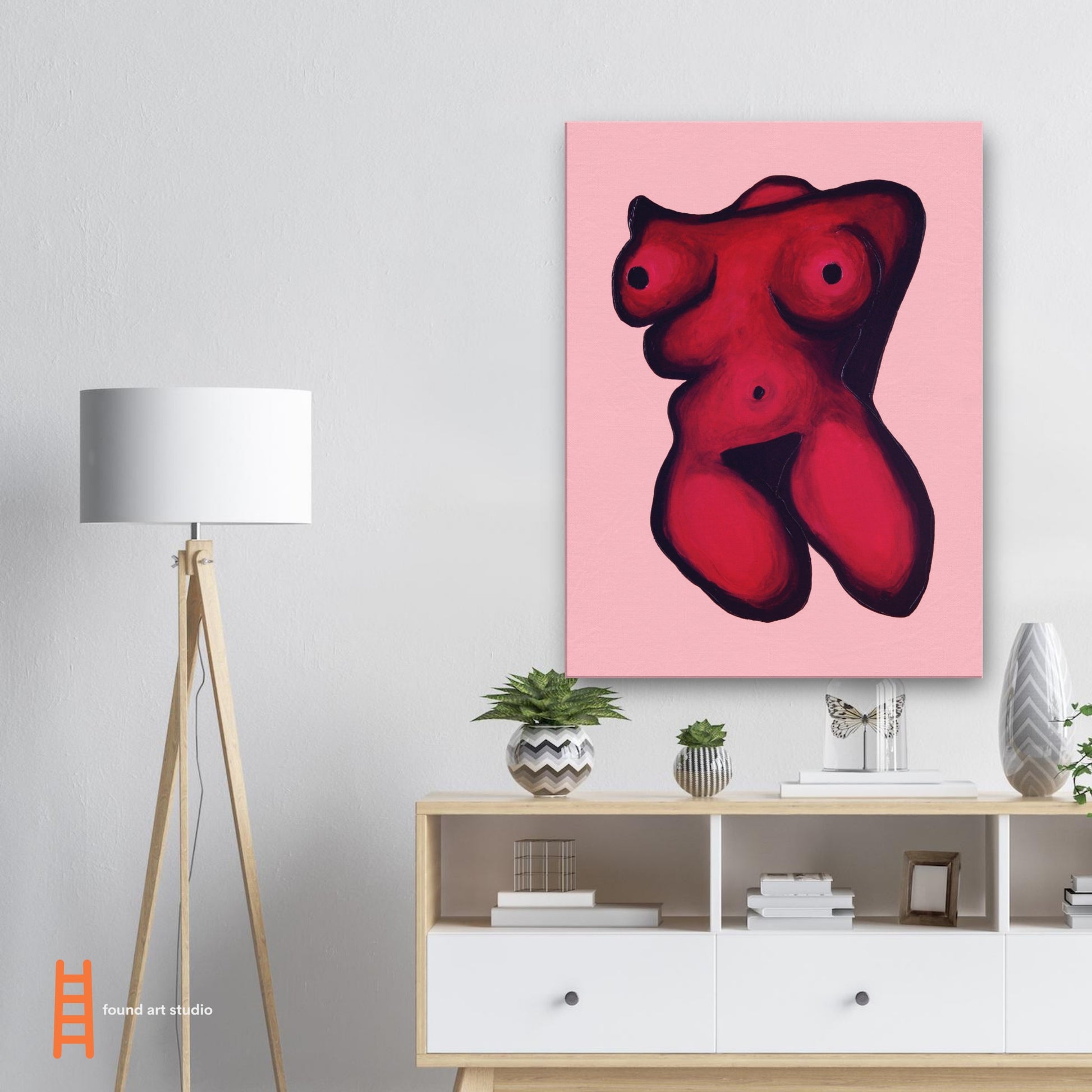 Photographic Print on canvas of an original Painting of an unclothed woman in red, pink and black. by Allison Cartwright at Found Art Studio.