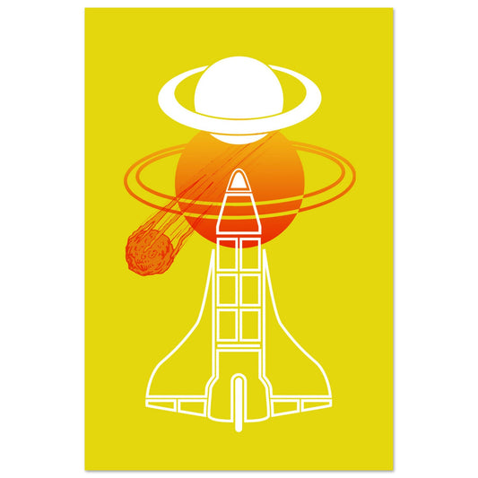 Digital Art Print that features 2 Planets with Rings in orange and white, a Meteor in orange gradient and a white outline of a Space Shuttle on a yellow background by Allison Cartwright Found Art Studio.