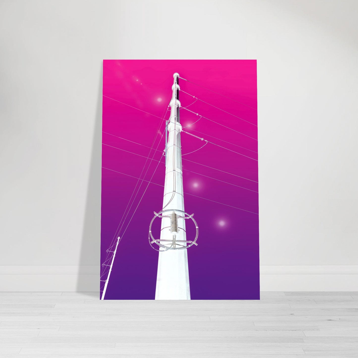 Digital Art Print that merges a white electrical tower with planet shaped lens flares on a gradient purple and pink black background by Allison Cartwright Found Art Studio.
