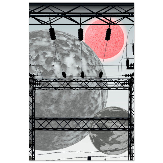 Digital Art Print that merges planets, and an Electrical Grid in blacks and grays with a pop of red  on a white background by Allison Cartwright Found Art Studio.