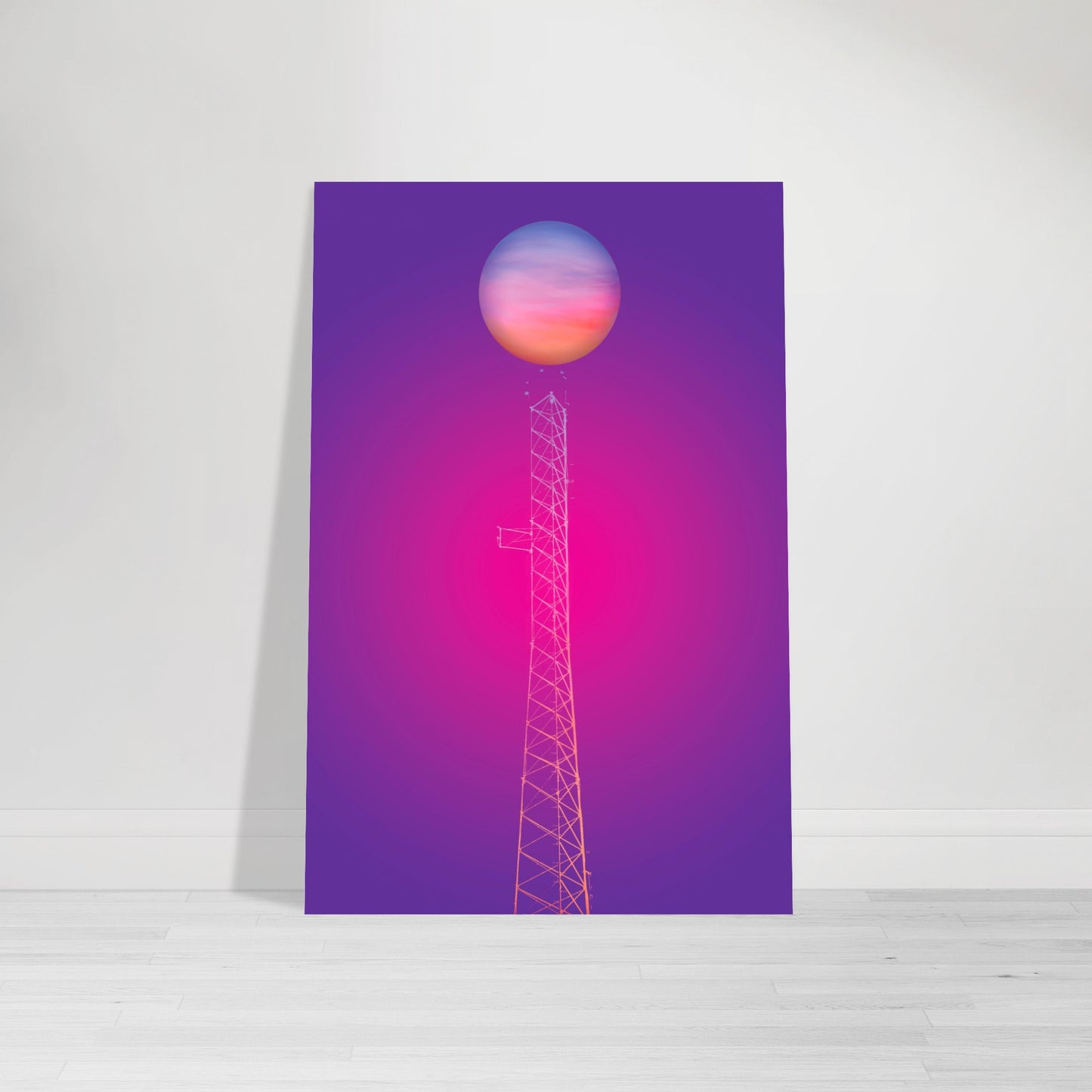 Digital Art Print that merges a multi-colored planet rising atop an electrical tower on a gradient purple and pink black background by Allison Cartwright Found Art Studio.