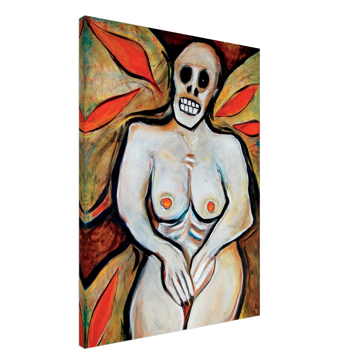 Photographic Print on canvas of an original Painting of an unclothed woman with a skull head in Bright Colors. by Allison Cartwright at Found Art Studio.
