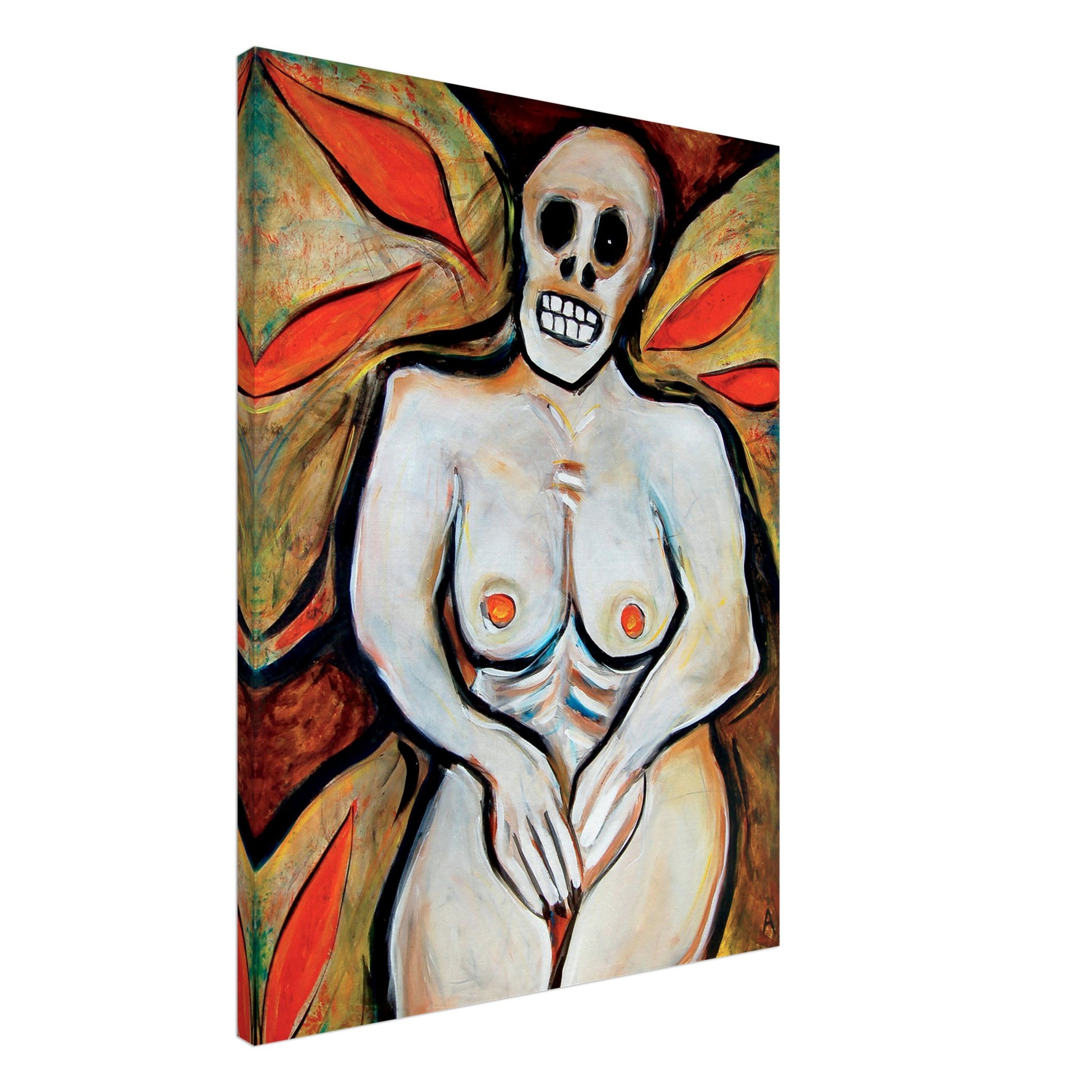 Photographic Print on canvas of an original Painting of an unclothed woman with a skull head in Bright Colors. by Allison Cartwright at Found Art Studio.