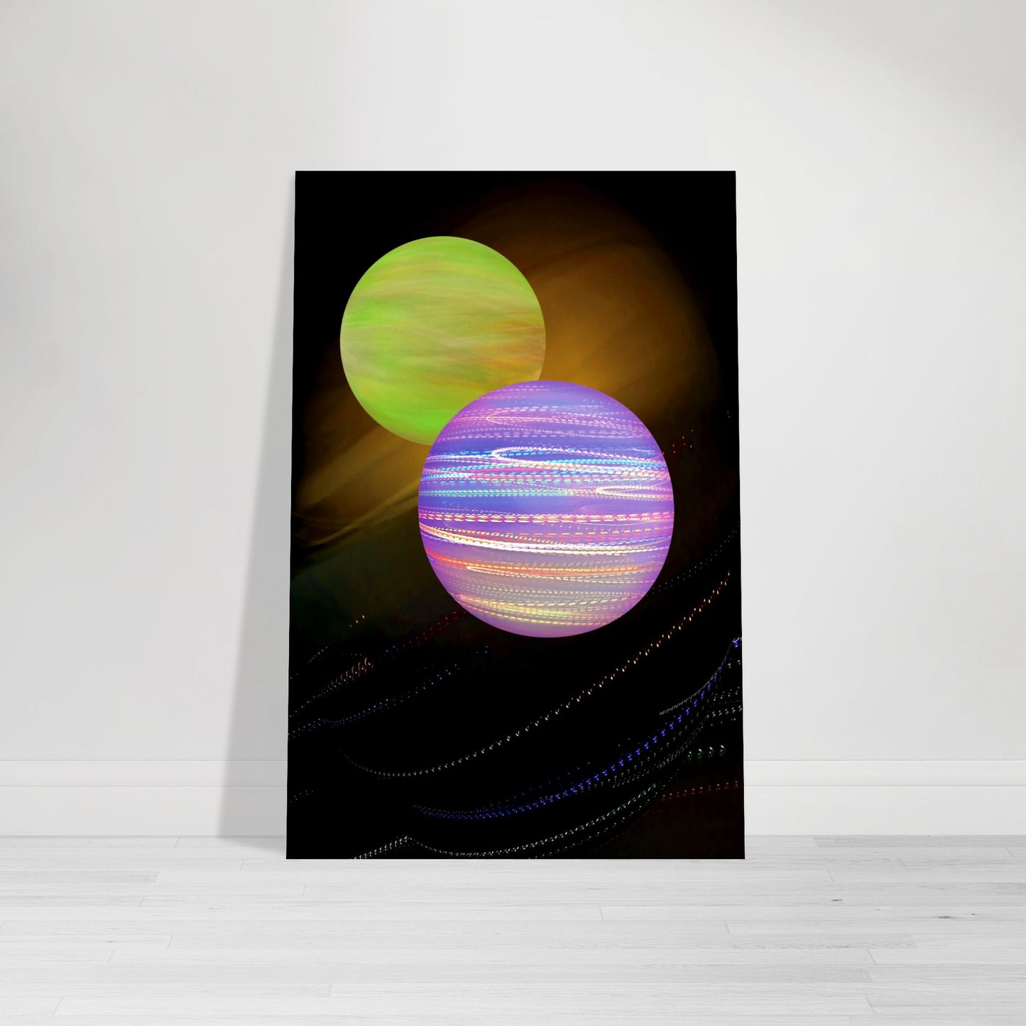 Digital Art Print that features 2 brightly colored Planets swirling on a black and gold background by Allison Cartwright Found Art Studio.