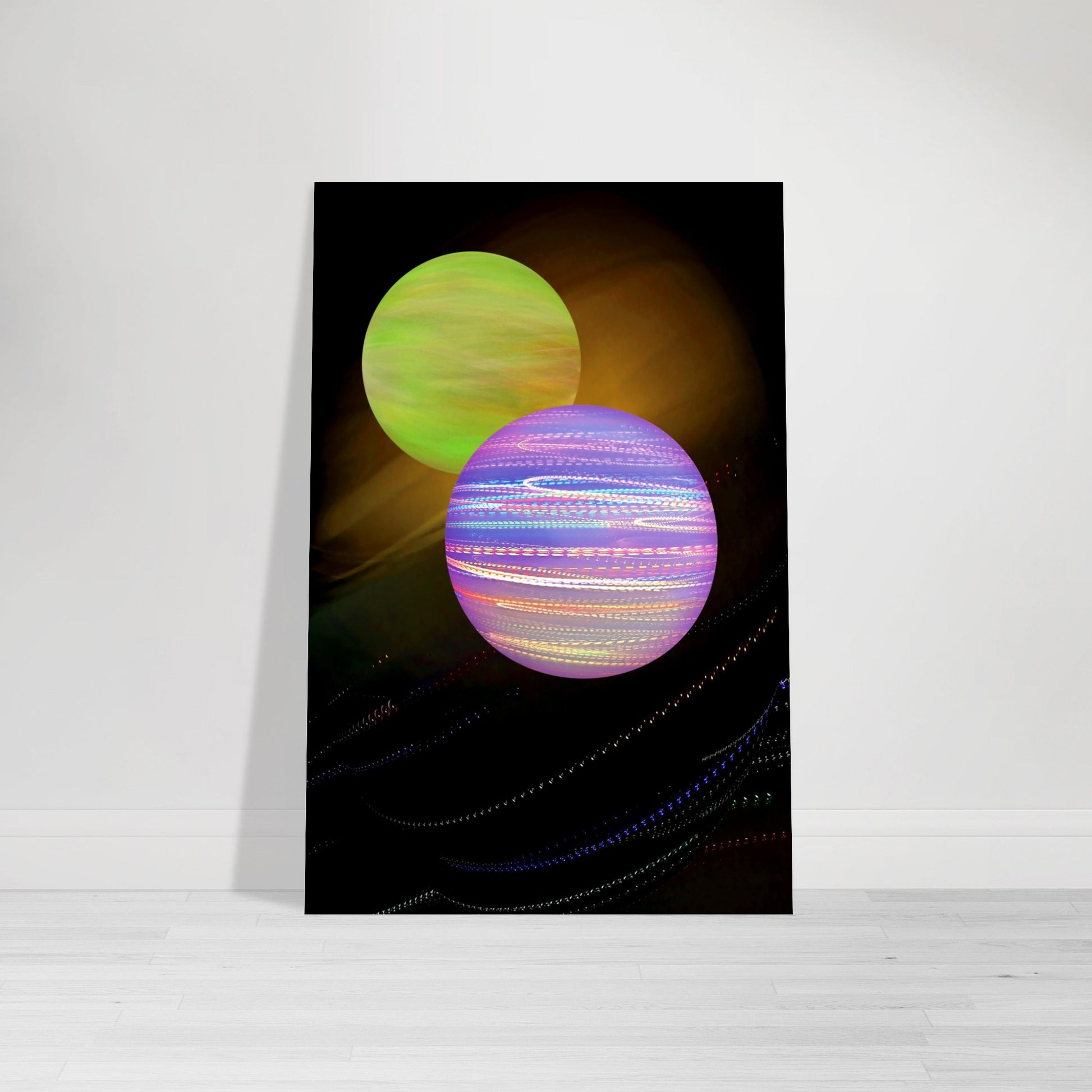 Digital Art Print that features 2 brightly colored Planets swirling on a black and gold background by Allison Cartwright Found Art Studio.