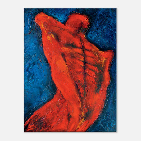 Photographic Print on canvas of an original Painting of the back of a man in blue, red, orange and black by Allison Cartwright at Found Art Studio.