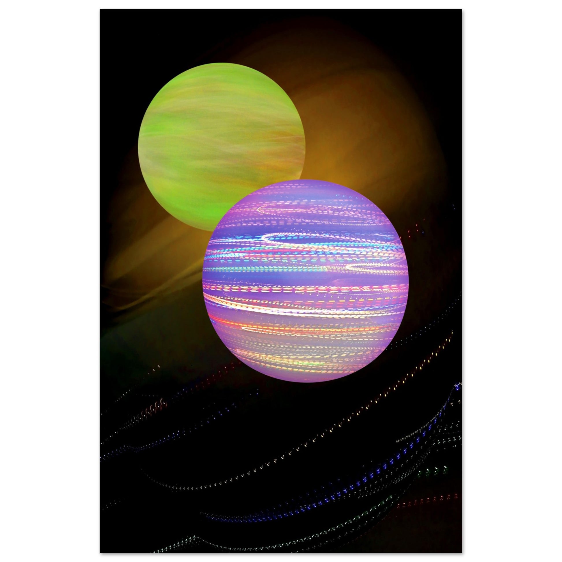 Digital Art Print that features 2 brightly colored Planets swirling on a black and gold background by Allison Cartwright Found Art Studio.