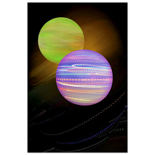 Digital Art Print that features 2 brightly colored Planets swirling on a black and gold background by Allison Cartwright Found Art Studio.