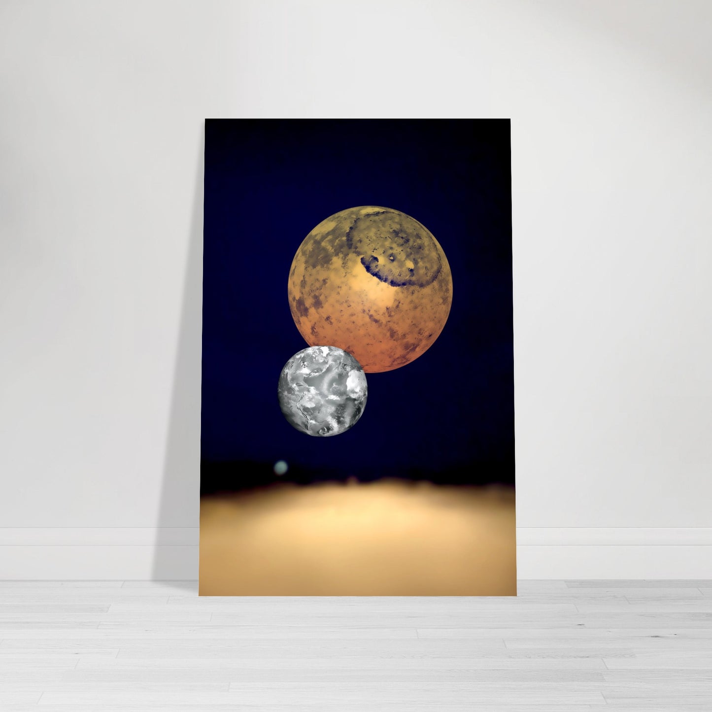 Digital Art Print that features 3 Planets rising from a golden colored fog on a deep black and blue background by Allison Cartwright Found Art Studio.